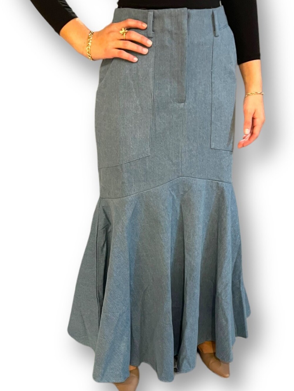 Blue Wash Denim Maxi Skirt, Trumpet Mermaid Flare Western Boho Gothic, All Sizes